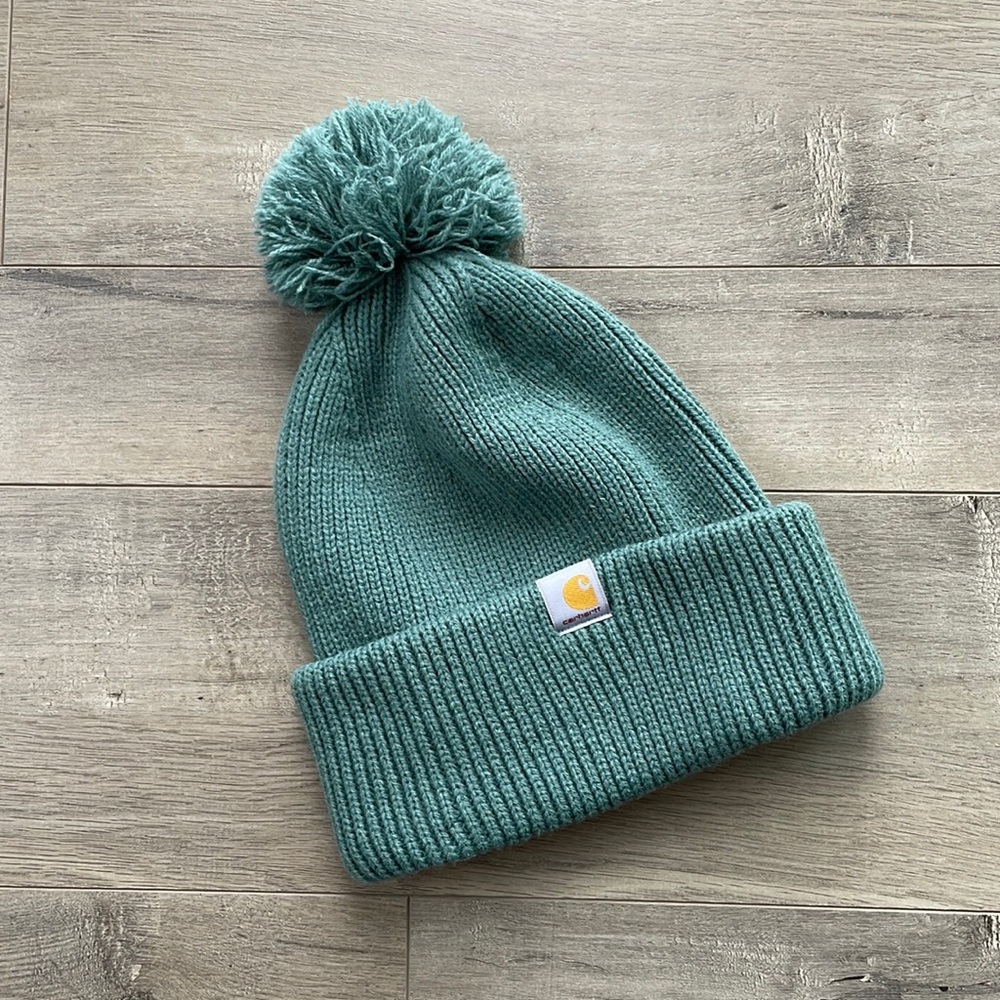 WOMEN'S KNIT POM-POM CUFFED BEANIE Teal Balsam Blue Green Winter Hat